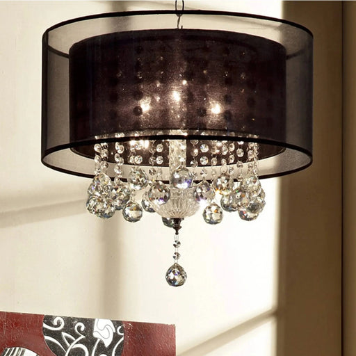 19' Tall Ceiling Lamp 'Effleurer', Silver and Crystal Accents, Black Shade Default -DTYStore