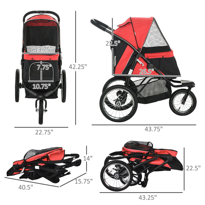 Pet Stroller for Small and Medium Dogs, 3 Big Wheels Foldable Cat Stroller with Adjustable Canopy, Safety Tether, Storage Basket, Red