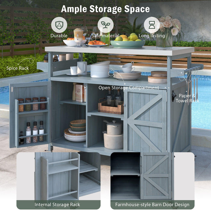 Outdoor Kitchen Island, Rolling Bar Cart & Storage Cabinet, Farmhouse Solid Wood Outdoor Grill Table with Stainless Steel Top, Spice Rack , Towel Rack for Kitchen & BBQ , Grey Blue - DTYStore