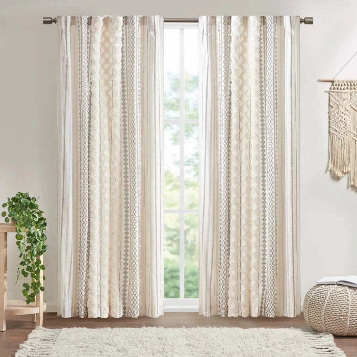 1PC 50x108' Cotton Printed Curtain Panel with Chenille Stripe and Lining Default -DTYStore