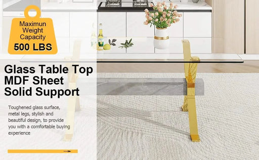 1 table and 8 chairs. Modern, simple and luxurious tempered glass rectangular dining table and desk with 8 white PU gold plated leg chairs 79''x39''x30'' Default -DTYStore