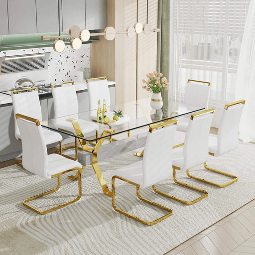 1 table and 8 chairs. Modern, simple and luxurious tempered glass rectangular dining table and desk with 8 white PU gold plated leg chairs 79''x39''x30'' Default -DTYStore