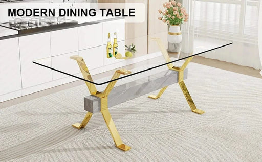 1 table and 8 chairs. Modern, simple and luxurious tempered glass rectangular dining table and desk with 8 white PU gold plated leg chairs 79''x39''x30'' Default -DTYStore