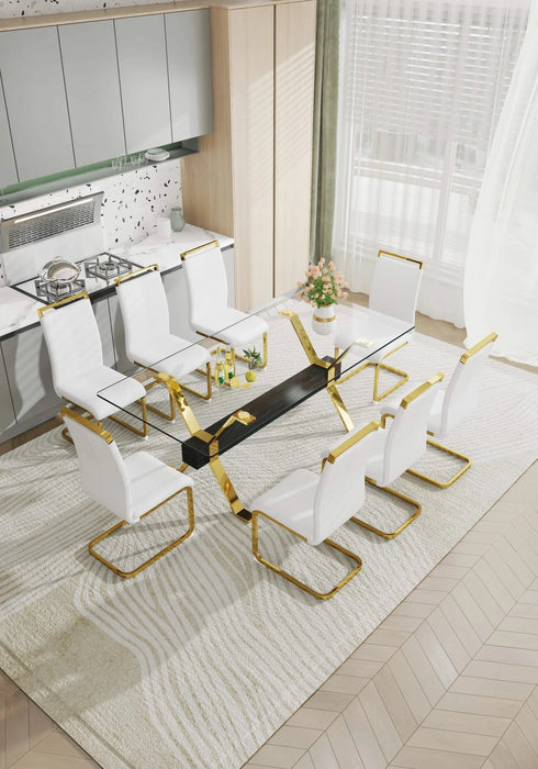 1 table and 8 chairs. Modern, simple and luxurious tempered glass rectangular dining table and desk with 8 white PU gold plated leg chairs 79''x39''x30'' Default -DTYStore