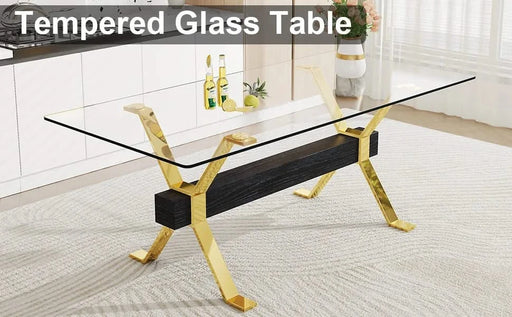 1 table and 8 chairs. Modern, simple and luxurious tempered glass rectangular dining table and desk with 8 white PU gold plated leg chairs 79''x39''x30'' Default -DTYStore