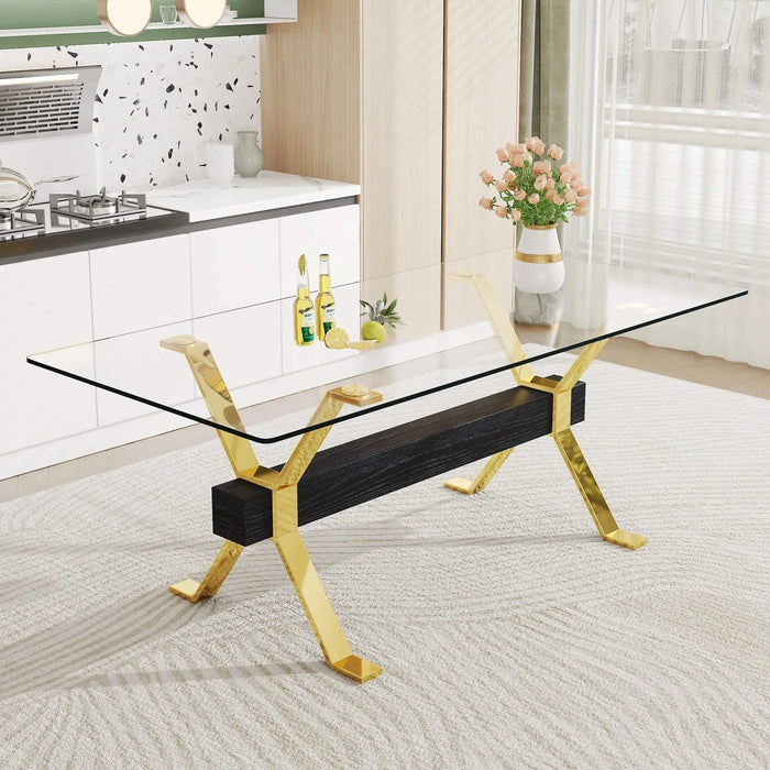 1 table and 8 chairs. Modern, simple and luxurious tempered glass rectangular dining table and desk with 8 white PU gold plated leg chairs 79''x39''x30'' Default -DTYStore