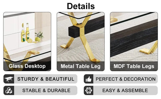 1 table and 8 chairs. Modern, simple and luxurious tempered glass rectangular dining table and desk with 8 white PU gold plated leg chairs 79''x39''x30'' Default -DTYStore
