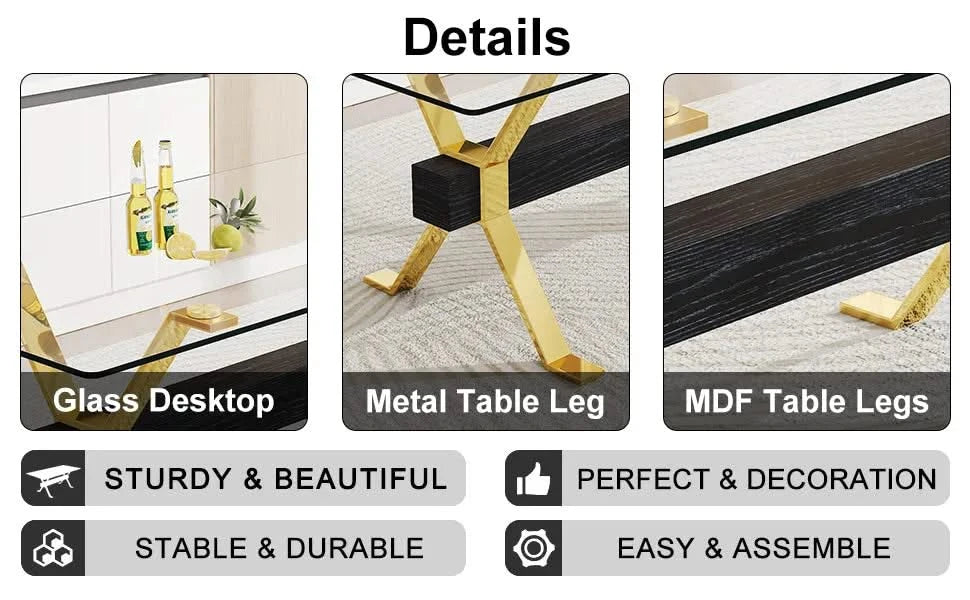 1 table and 8 chairs. Modern, simple and luxurious tempered glass rectangular dining table and desk with 8 white PU gold plated leg chairs 79''x39''x30'' Default -DTYStore
