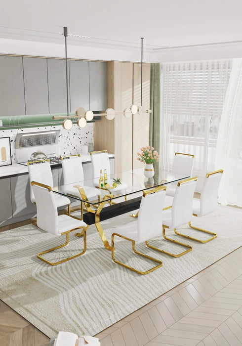 1 table and 8 chairs. Modern, simple and luxurious tempered glass rectangular dining table and desk with 8 white PU gold plated leg chairs 79''x39''x30'' Default -DTYStore