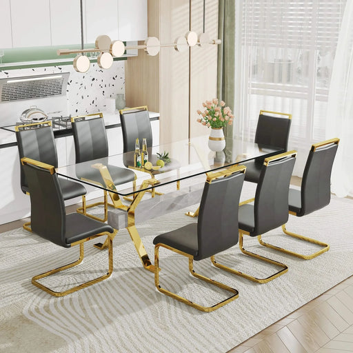 1 table and 8 chairs. Modern simple luxury tempered glass rectangular dining table and desk with 8 black PU gold plated leg chairs 79''x39''x30'' Default -DTYStore