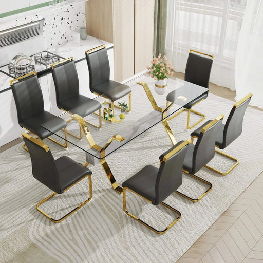 1 table and 8 chairs. Modern simple luxury tempered glass rectangular dining table and desk with 8 black PU gold plated leg chairs 79''x39''x30'' Default -DTYStore