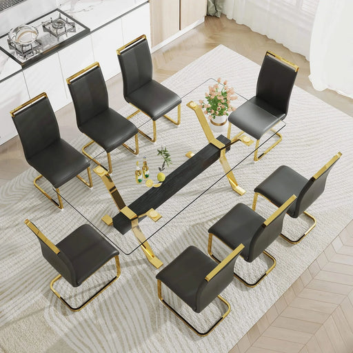 1 table and 8 chairs. Modern simple luxury tempered glass rectangular dining table and desk with 8 black PU gold plated leg chairs 79''x39''x30'' Default -DTYStore