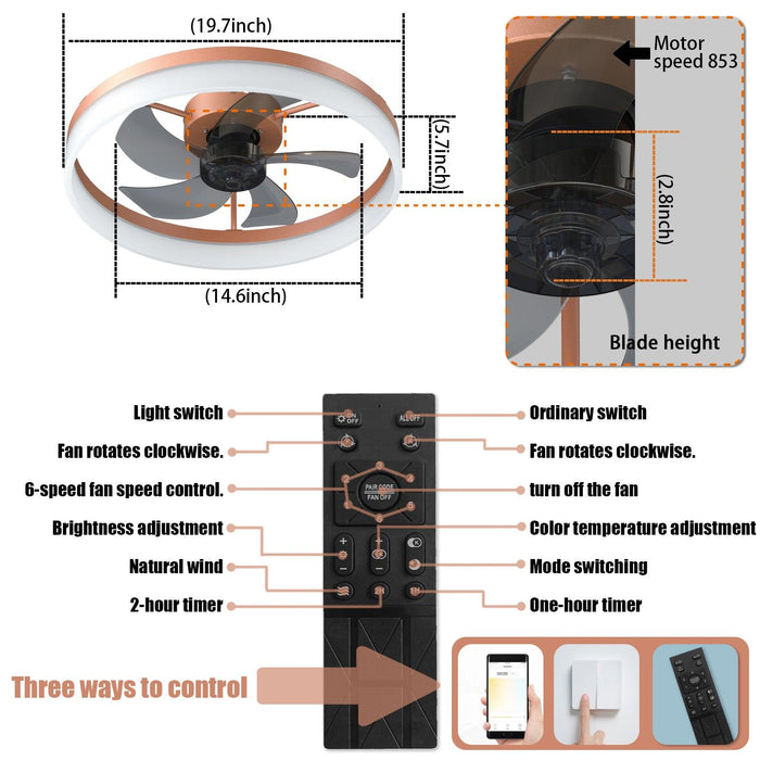 Ceiling Fans with Lights Dimmable LED Embedded installation of thin modern ceiling fans(Rose Gold) - DTYStore