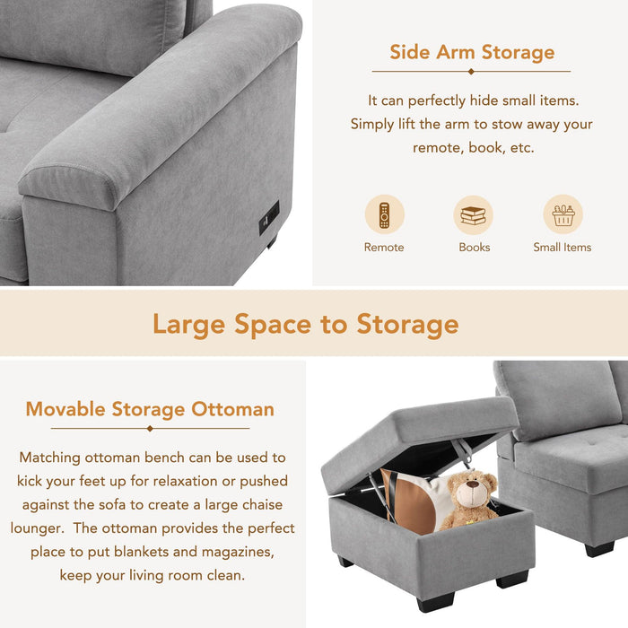 Sleeper Sectional Sofa, L-Shape Corner Couch Sofa-Bed with Storage Ottoman & Hidden Arm Storage & USB Charge for Living Room Apartment, Gray - DTYStore