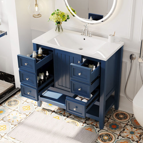 36' Bathroom Vanity with Sink, One Cabinet and Three Drawers, Solid Wood and MDF Board, Blue (Old Sku:SY999505AAC-6) - Image 4