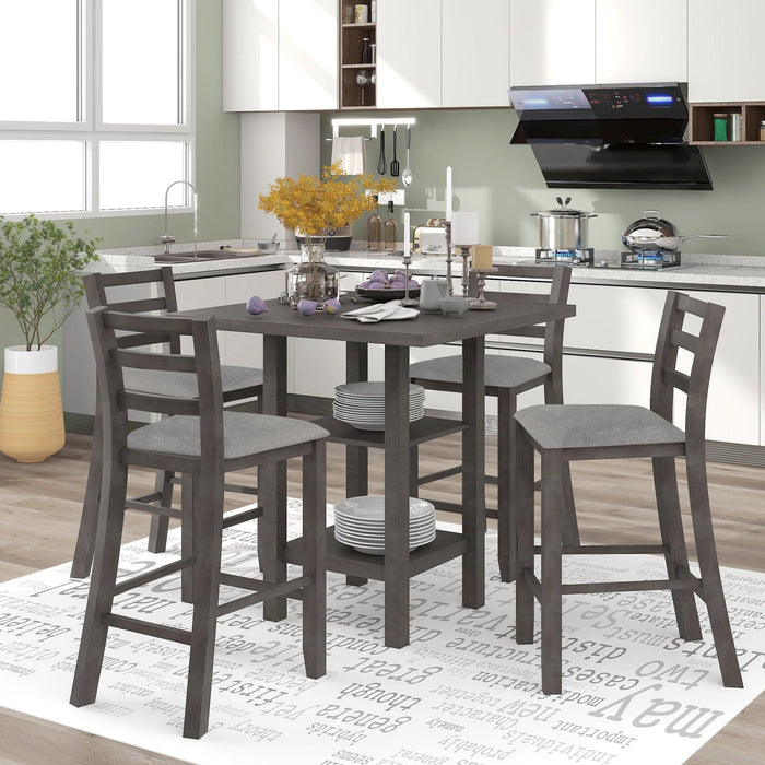 5-Piece Wooden Counter Height Dining Set with Padded Chairs and Storage Shelving - DTYStore