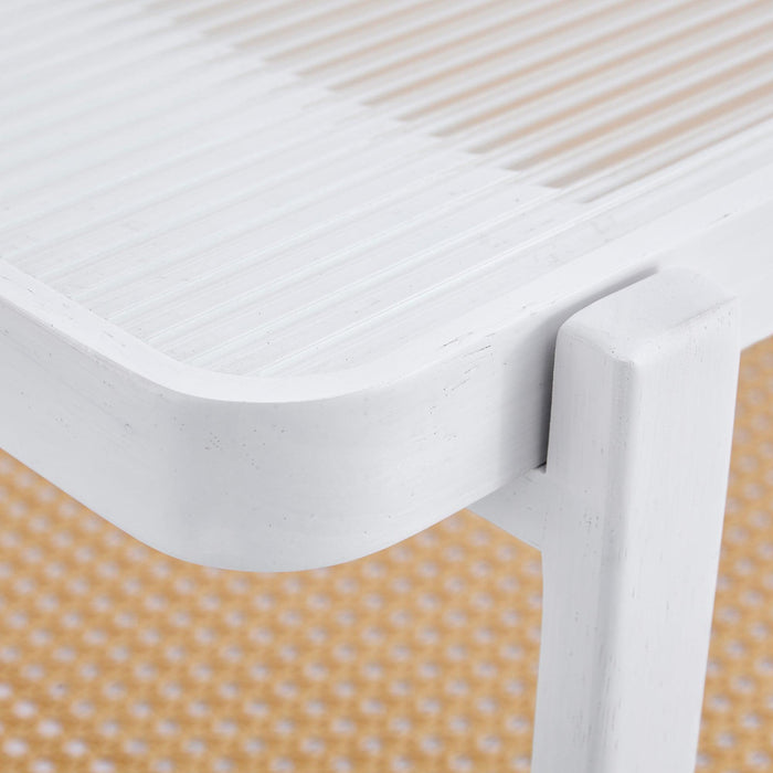 Modern Minimalist White Double Layered Solid Wood Coffee Table. Glass tabletop, imitation rattan edge table. Rectangular table suitable for living room, dining room, and bedroom - DTYStore