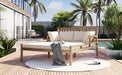 Outdoor Daybed, Patio Daybed with Four Pillows, Wooden Outdoor Bed with Curved Armrests for Poolside, Backyard, Garden (Light Teak+Beige Cushion) - DTYStore