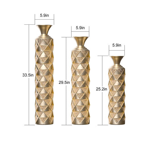 Metal Decorative Vase High Distress Metal Center Vase With 3D Triangle Pattern, Set Of 3 Vases for Home Decoration 33.5', 29.5', 25.2'High, Gold - Image 3