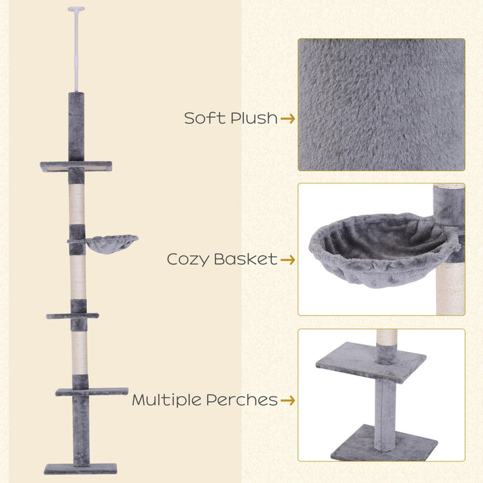 9' Adjustable Height Floor-To-Ceiling Vertical Cat Tree - Grey and White - DTYStore
