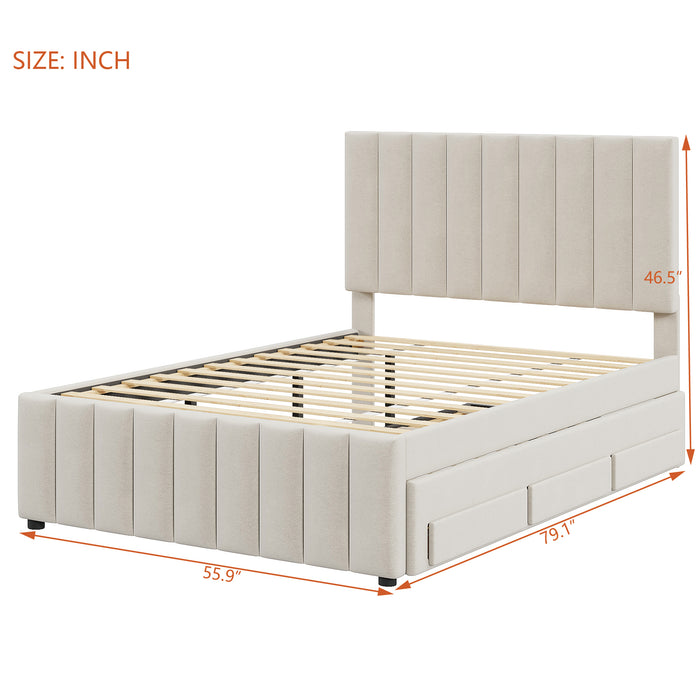 Full Size Upholstered Platform Bed with Twin Size Trundle and 3 Drawers, Linen Fabric, Beige