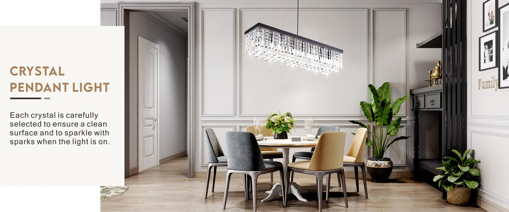 Modern Rectangle K9 Crystal Chandelier, Matte Black Iron E12 Bulb 8-Light Pendant Light For Dining Room Kitchen Room - DTYStore