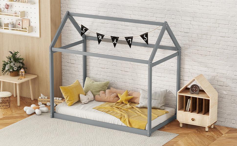 Twin Size Wooden House Bed, Gray - DTYStore