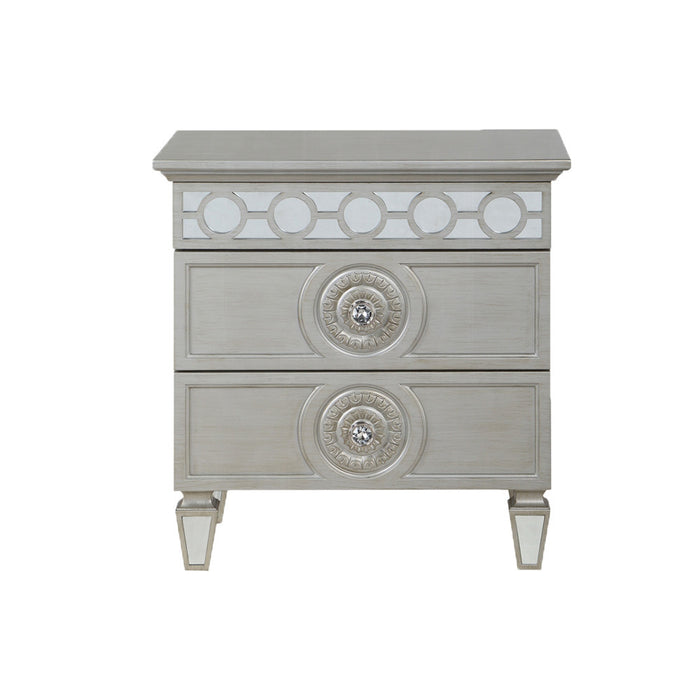 2 Drawers Nightstand with Mirror Inlay Trim in Silver Finish