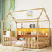 Twin Size House Bed with LED Light, Wood House Bed with Storage Bookshelf, Floor House Bed with Guardrails for Kids, Natural (Expect Arrival Date 2025/3/14) - DTYStore