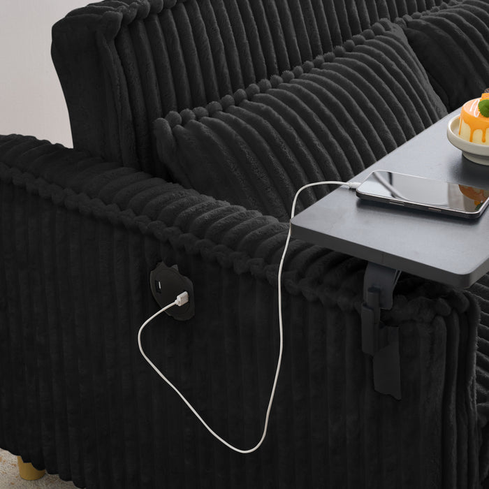 The pull-out and push-in black corduroy sofa with dual functions, equipped with a movable tabletop and USB ports, is suitable for use in living rooms and bedrooms.