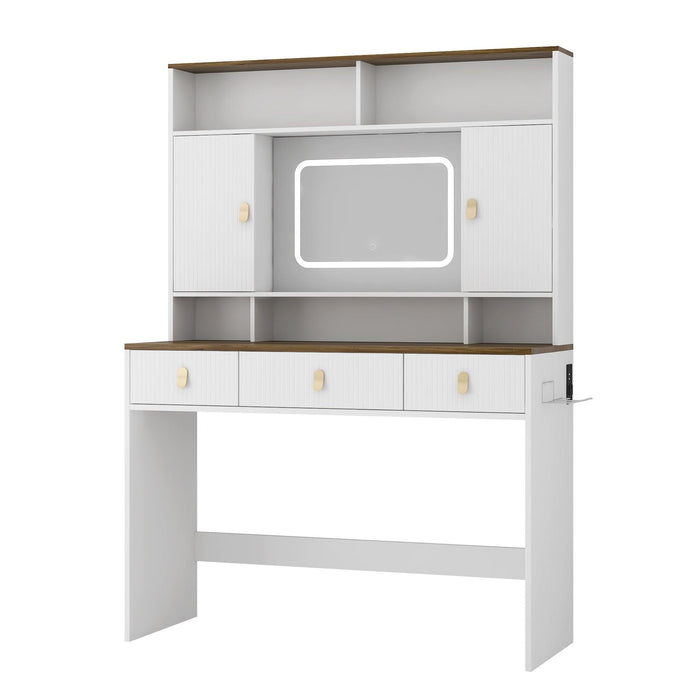 Farmhouse Dressing Table Makeup Table, 43" Wide Dressing Table with Lighted Mirror and Makeup Drawer, Large Modern Dressing Table Set with Hair Dryer Holder for Bedroom, White - DTYStore