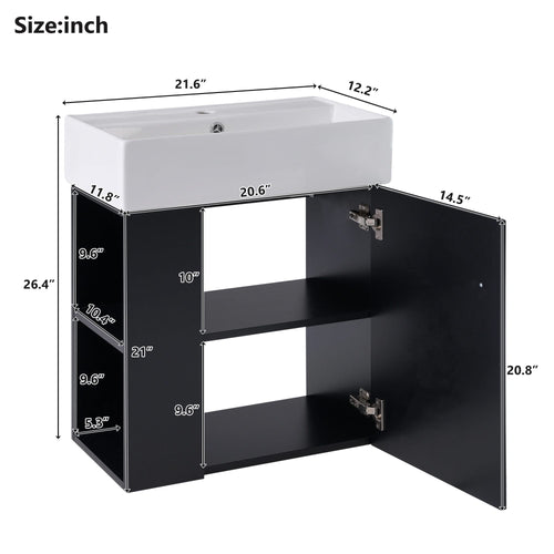 Modern Floating Bathroom Vanity with Ceramic Basin and Left Side Storage - Black, MDF, 21.6 inches - Image 3