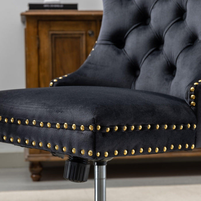 Furniture Office Chair,Velvet Upholstered Tufted Button Home Office Chair with Golden Metal Base,Adjustable Desk Chair Swivel Office Chair (Black) - DTYStore