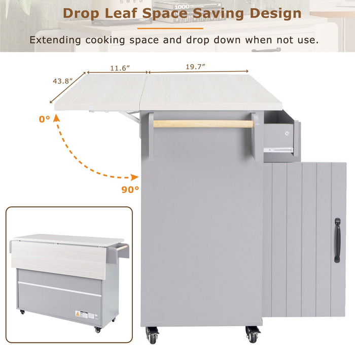 Kitchen Island with Trash Can Storage Cabinet, Kitchen Cart with Drop Leaf, Spice Rack, Towel Rack and Drawer, Rolling Kitchen Island on Wheels with Adjustable Shelf, Grey - DTYStore
