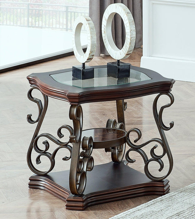 End table, Glass table top, MDF W/marble paper middle shelf, powder coat finish metal legs. (26.3"Lx26.3"Wx24"H) - DTYStore