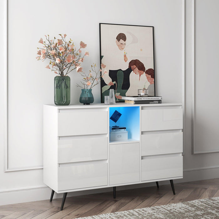 Living Room Sideboard Storage Cabinet White High Gloss with LED Light, Modern Kitchen Unit Cupboard Buffet Wooden Storage Display Cabinet - DTYStore