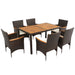 7-Piece Outdoor Patio Dining Set, Garden PE Rattan Wicker Dining Table and Chairs Set, Acacia Wood Tabletop, Stackable Armrest Chairs with Cushions, Brown - DTYStore
