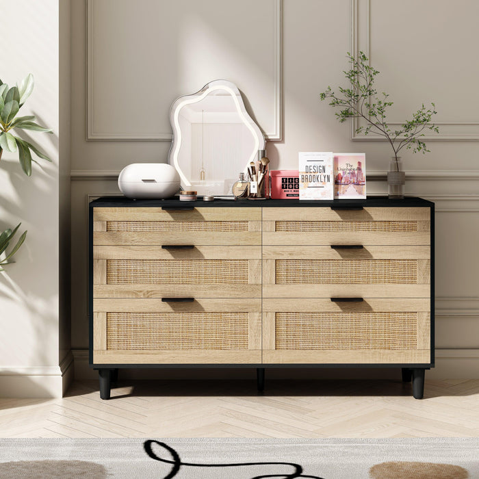51" Rattan Dresser for Bedroom, 6 Drawer Dresser, Clothes Storage Cabinet for Bedroom, Metal Handle&Wood Legs for Hallway, Living Room, Bedroom,Black - DTYStore