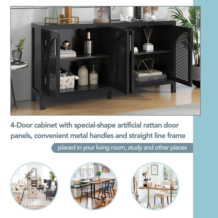 Large Storage Space Sideboard with Artificial Rattan Door and Metal Handles for Living Room and Entryway (Black) - DTYStore