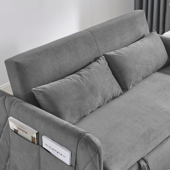 55" Modern Convertible Sofa Bed with 2 Detachable Arm Pockets, Velvet Loveseat Sofa with Pull Out Bed, 2 Pillows and Living Room Adjustable Backrest, Grid Design Armrests - DTYStore