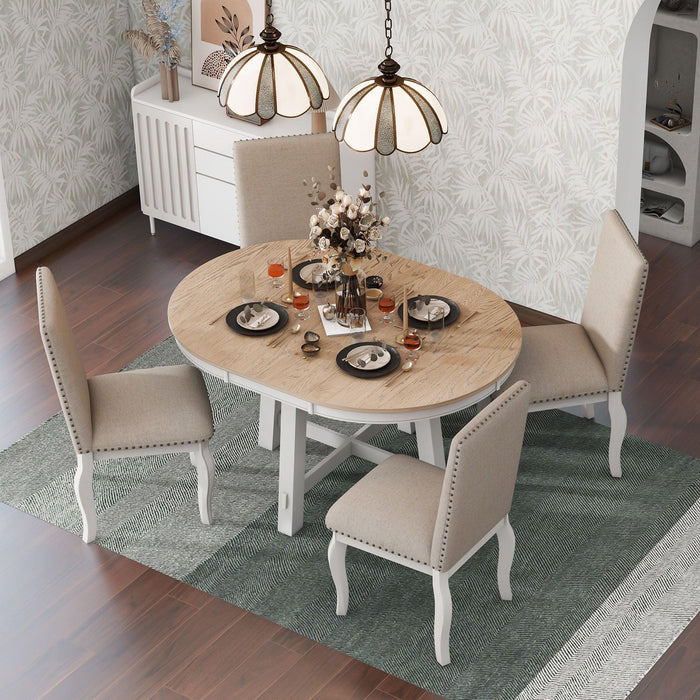 5-Piece Farmhouse Dining Table Set Wood Round Extendable Table and 4 Upholstered Chairs