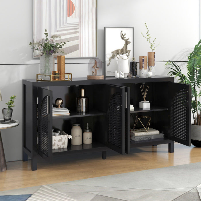 Large Storage Space Sideboard with Artificial Rattan Door and Metal Handles for Living Room and Entryway (Black) - DTYStore