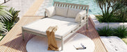 Outdoor Daybed, Patio Daybed with Four Pillows, Wooden Outdoor Bed with Curved Armrests for Poolside, Backyard, Garden (Gray+Beige Cushion) - DTYStore