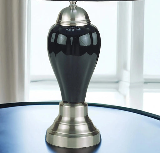 1pc Elegant Crafted Table Lamp Glossy Gray Base Contrasting Metallic Details Pleated Shade Modern Look Porcelain Rotary Switch, 100WATT Black Default -DTYStore