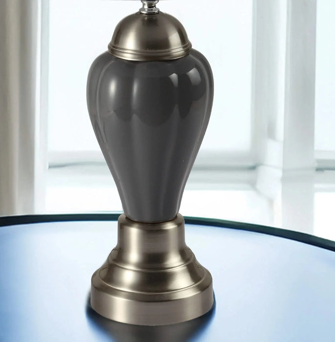 1pc Elegant Crafted Table Lamp Glossy Gray Base Contrasting Metallic Details Pleated Shade Modern Look Porcelain Rotary Switch, 100WATT Gray Default -DTYStore