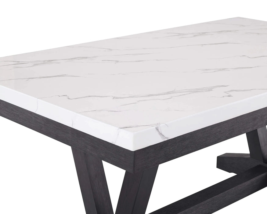 1pc Transitional Modern Formal Dining Table White Faux Marble Rectangular Table Top Trestle Base Black Finish Legs Wooden Dining Room Furniture Default -DTYStore