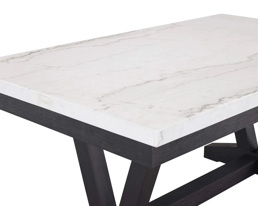 1pc Transitional Modern Formal Dining Table White Genuine Marble Rectangular Table Top Trestle Base Black Finish Legs Wooden Dining Room Furniture Default -DTYStore