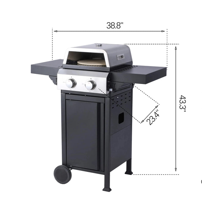 2-Burner Propane Gas BBQ Grill, Pizza Box, 24600BTU Output With Wire Enamel Cooking Grids For Outdoor Barbecue, Foldable Side Table, Hanging Basket, Stainless Steel Default -DTYStore
