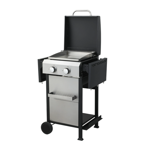 2-Burner Propane Gas BBQ Grill, SS Plancha, 24600BTU Output With Wire Enamel Cooking Grids For Outdoor Barbecue, Foldable Side Table, Hanging Basket, Stainless Steel Default -DTYStore