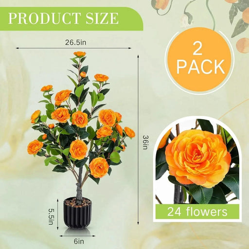 2-Pack Artificial Camellia Trees, 36 in Faux Potted Plants with Orange Flowers for Indoor or Outdoor Decor, Porch, Office, or Home Use Default -DTYStore
